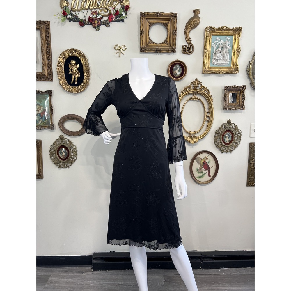 New York & Company Vintage Y2K Black Glitter Floral Dress